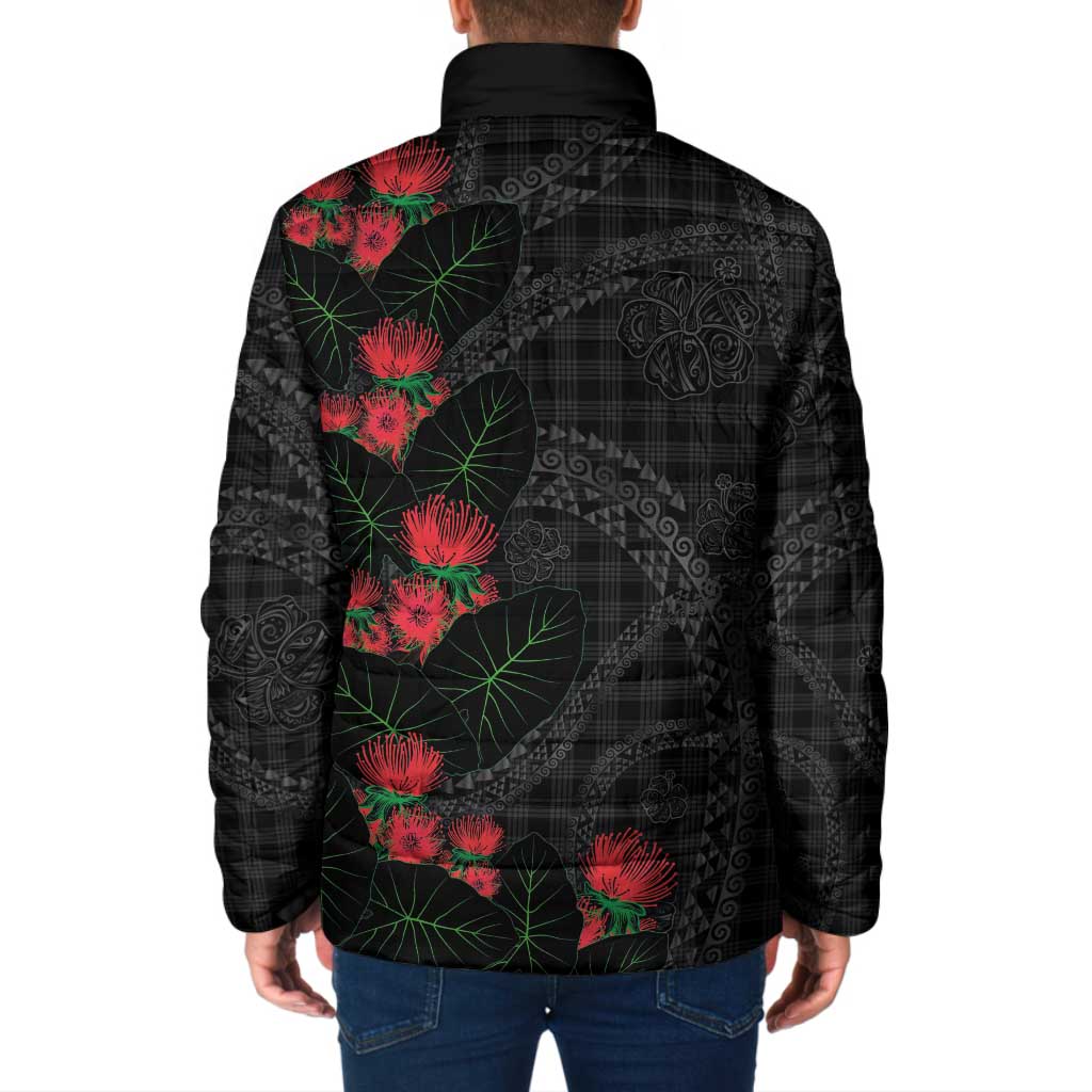 Hawaiian Kakau Art Padded Jacket Taro Leaves with Ohia Lehua and Pakala Pattern - Polynesian Pride