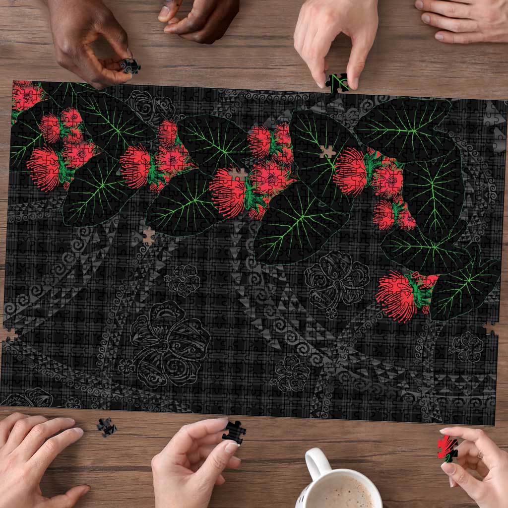 Hawaiian Kakau Art Puzzle Taro Leaves with Ohia Lehua and Pakala Pattern - Polynesian Pride
