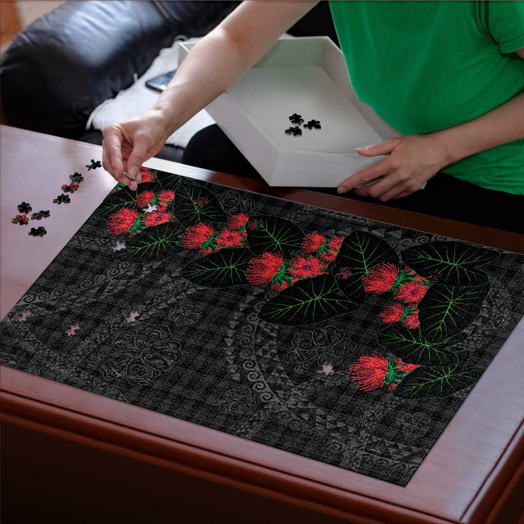 Hawaiian Kakau Art Puzzle Taro Leaves with Ohia Lehua and Pakala Pattern - Polynesian Pride