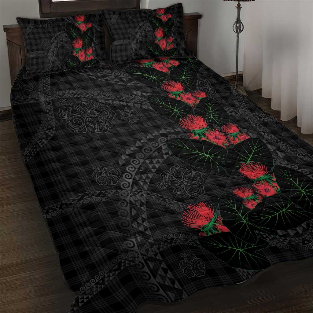 Hawaiian Kakau Art Quilt Bed Set Taro Leaves with Ohia Lehua and Pakala Pattern - Polynesian Pride