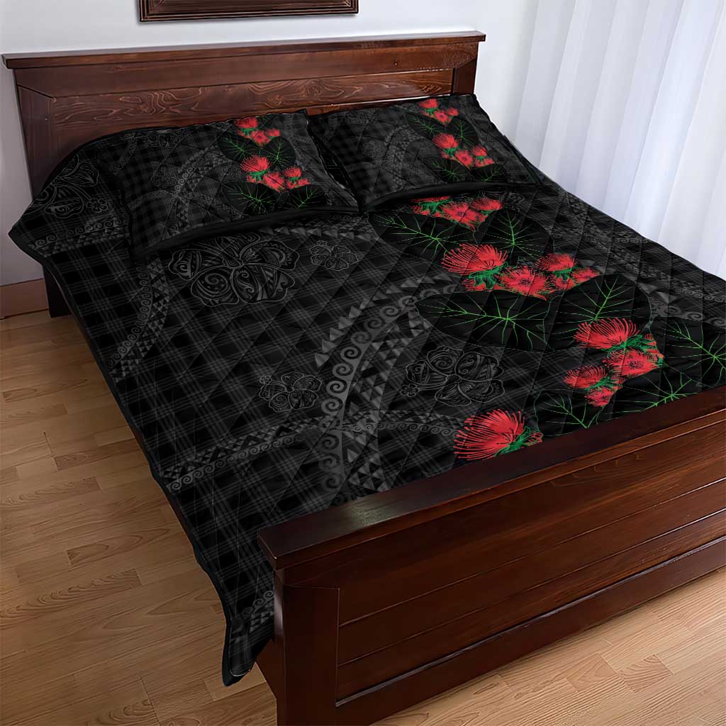 Hawaiian Kakau Art Quilt Bed Set Taro Leaves with Ohia Lehua and Pakala Pattern - Polynesian Pride
