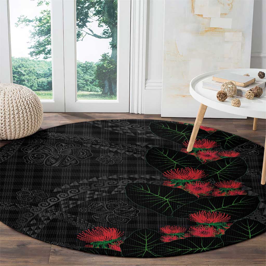 Hawaiian Kakau Art Round Carpet Taro Leaves with Ohia Lehua and Pakala Pattern - Polynesian Pride