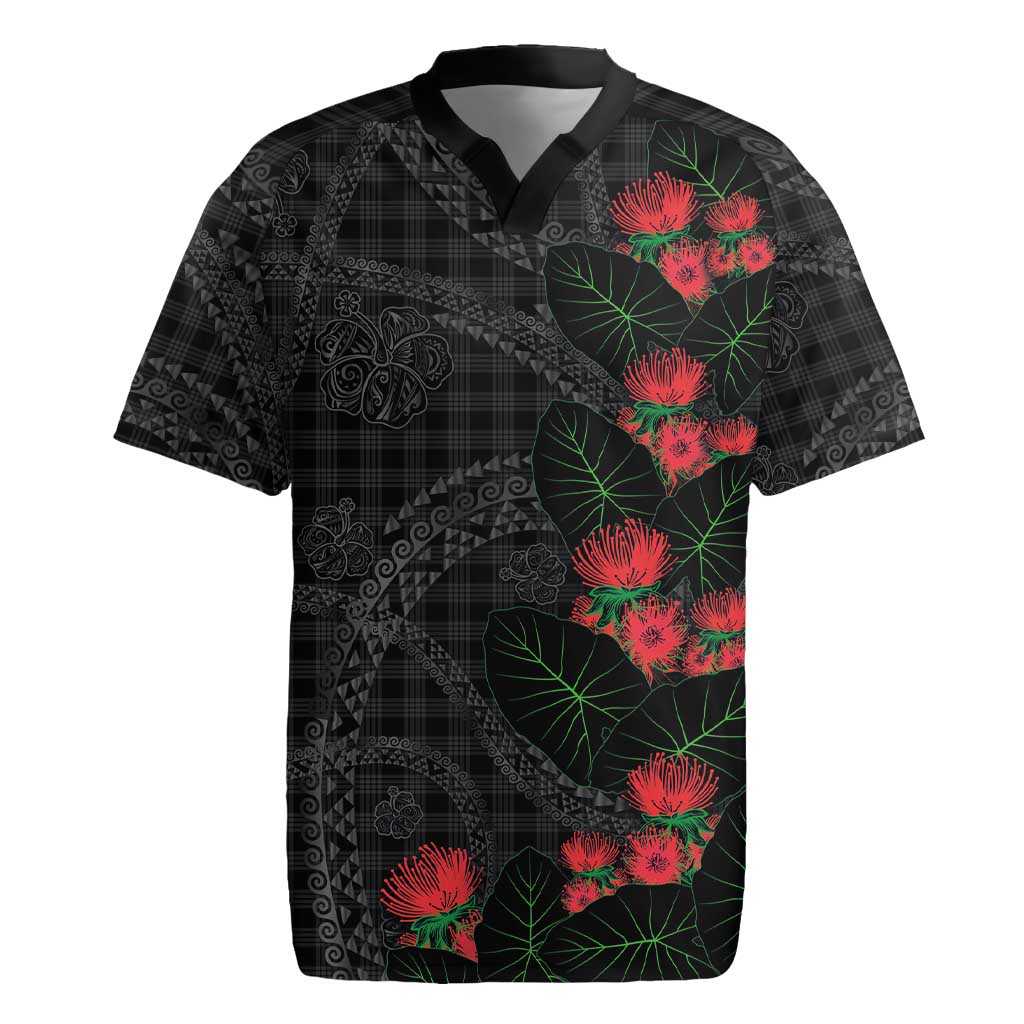 Hawaiian Kakau Art Rugby Jersey Taro Leaves with Ohia Lehua and Pakala Pattern - Polynesian Pride