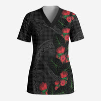 Hawaiian Kakau Art Scrub Top Taro Leaves with Ohia Lehua and Pakala Pattern - Polynesian Pride