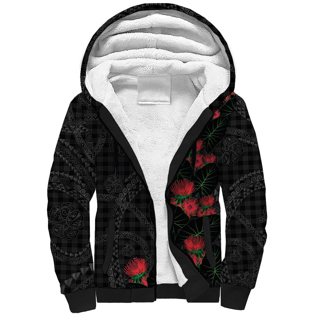 Hawaiian Kakau Art Sherpa Hoodie Taro Leaves with Ohia Lehua and Pakala Pattern - Polynesian Pride