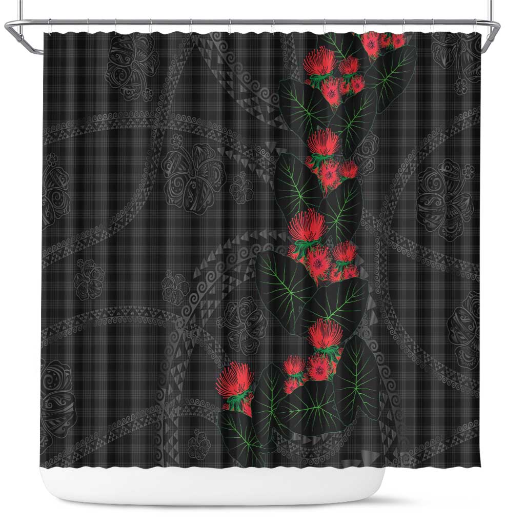 Hawaiian Kakau Art Shower Curtain Taro Leaves with Ohia Lehua and Pakala Pattern - Polynesian Pride