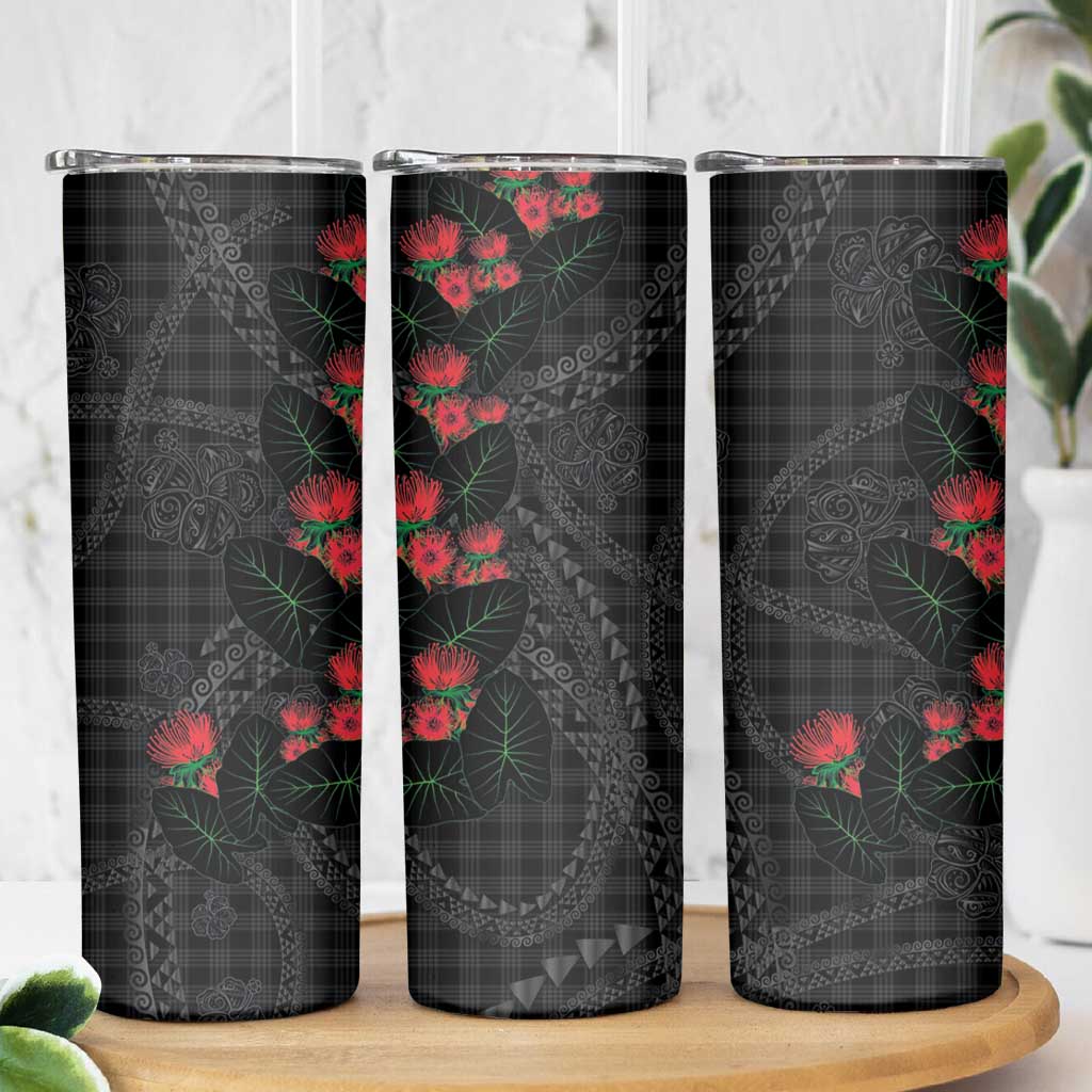 Hawaiian Kakau Art Skinny Tumbler Taro Leaves with Ohia Lehua and Pakala Pattern - Polynesian Pride