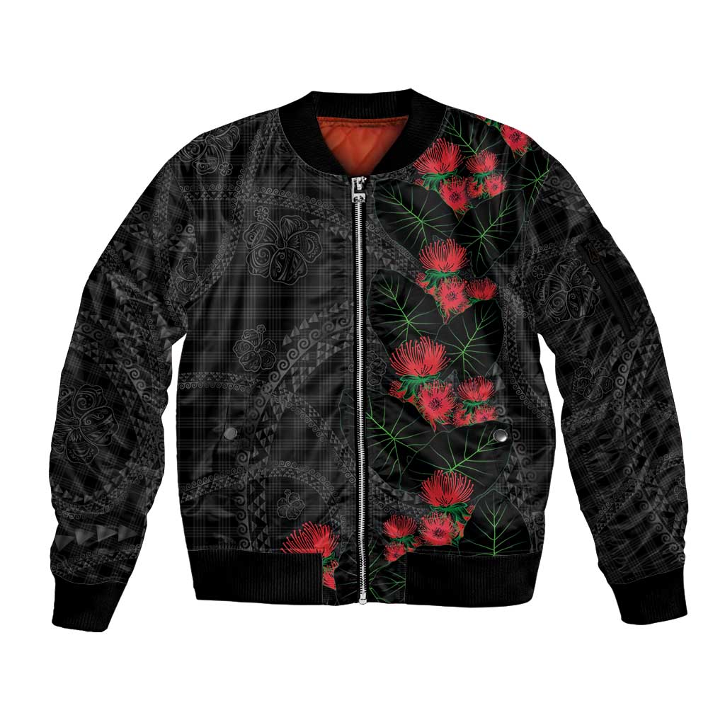 Hawaiian Kakau Art Sleeve Zip Bomber Jacket Taro Leaves with Ohia Lehua and Pakala Pattern - Polynesian Pride