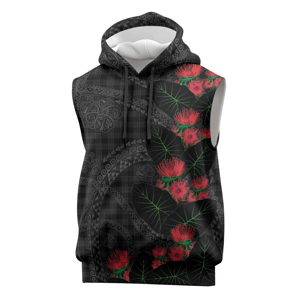 Hawaiian Kakau Art Sleeveless Hoodie Taro Leaves with Ohia Lehua and Pakala Pattern - Polynesian Pride