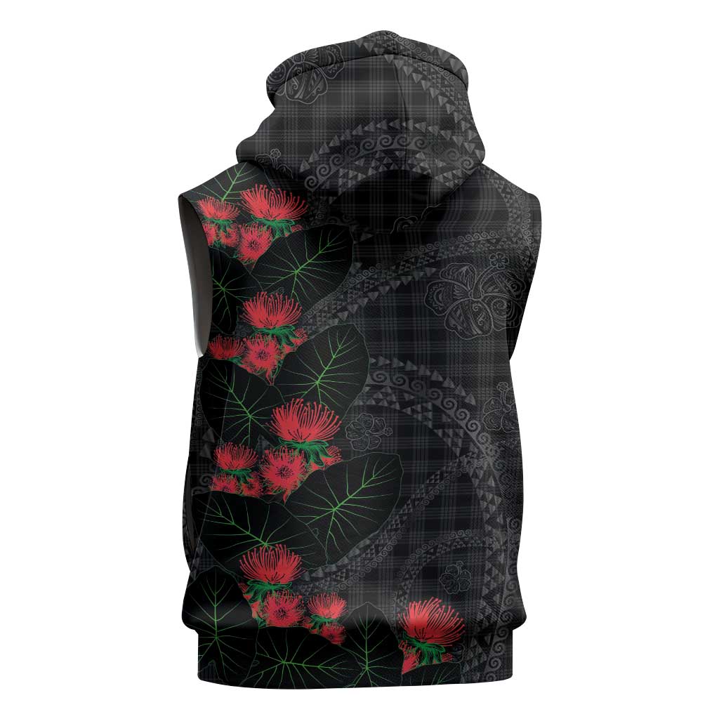 Hawaiian Kakau Art Sleeveless Hoodie Taro Leaves with Ohia Lehua and Pakala Pattern - Polynesian Pride