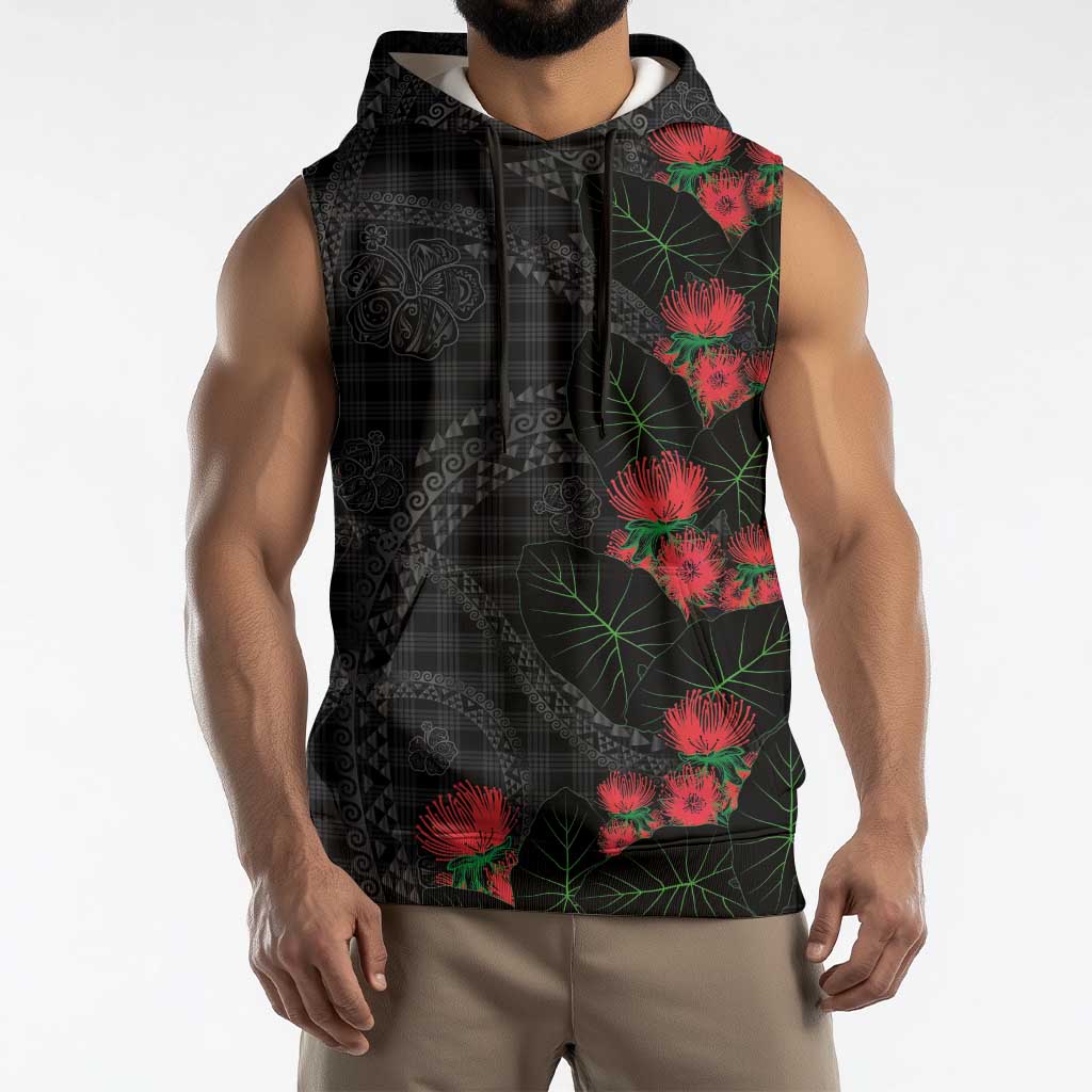 Hawaiian Kakau Art Sleeveless Hoodie Taro Leaves with Ohia Lehua and Pakala Pattern - Polynesian Pride
