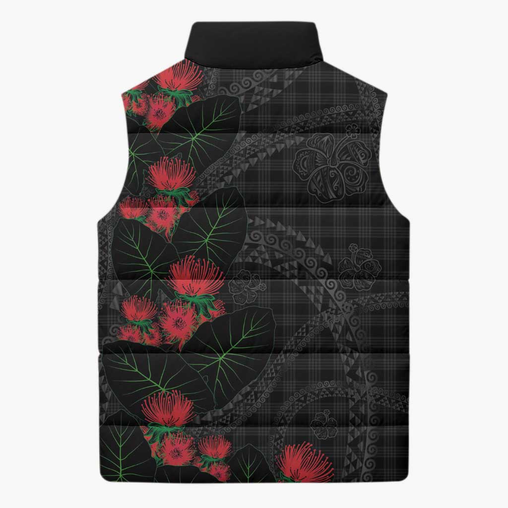 Hawaiian Kakau Art Sleeveless Puffer Jacket Taro Leaves with Ohia Lehua and Pakala Pattern - Polynesian Pride