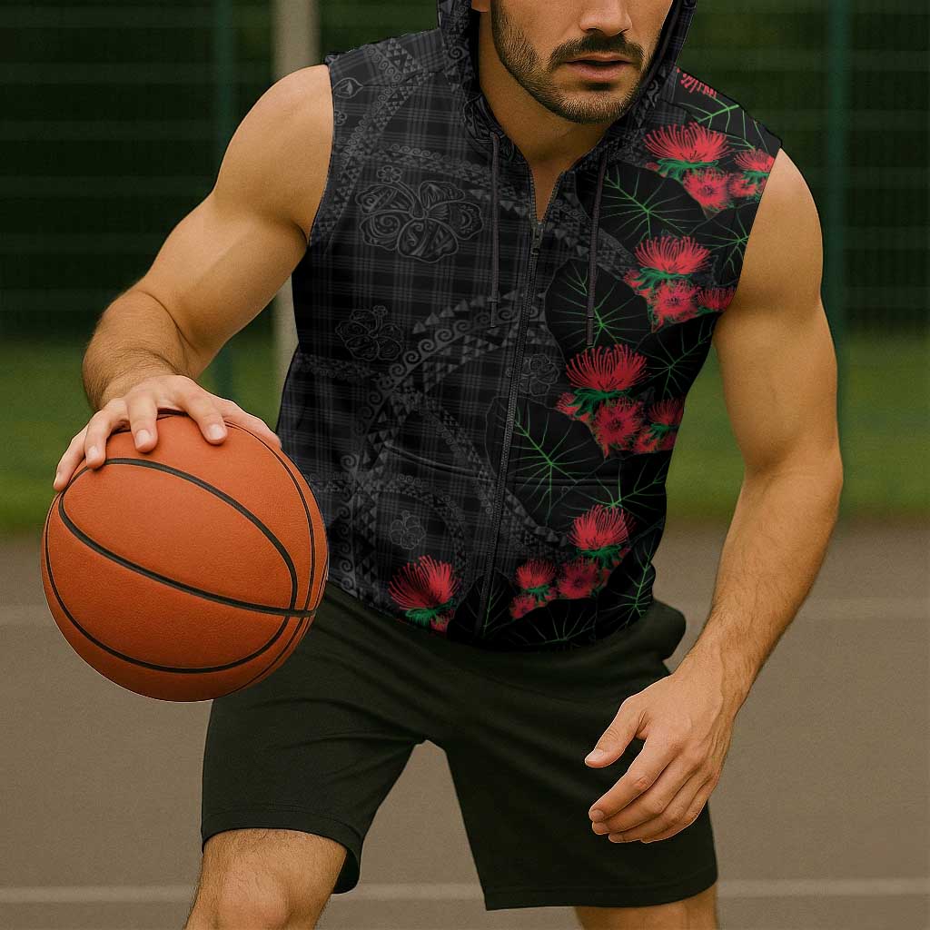 Hawaiian Kakau Art Sleeveless Zip Hoodie Taro Leaves with Ohia Lehua and Pakala Pattern - Polynesian Pride