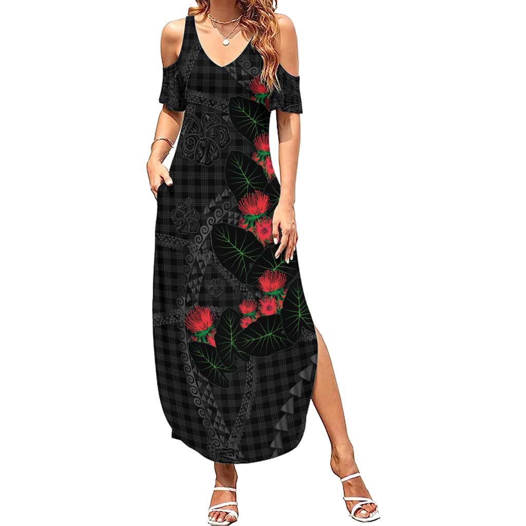 Hawaiian Kakau Art Summer Maxi Dress Taro Leaves with Ohia Lehua and Pakala Pattern - Polynesian Pride