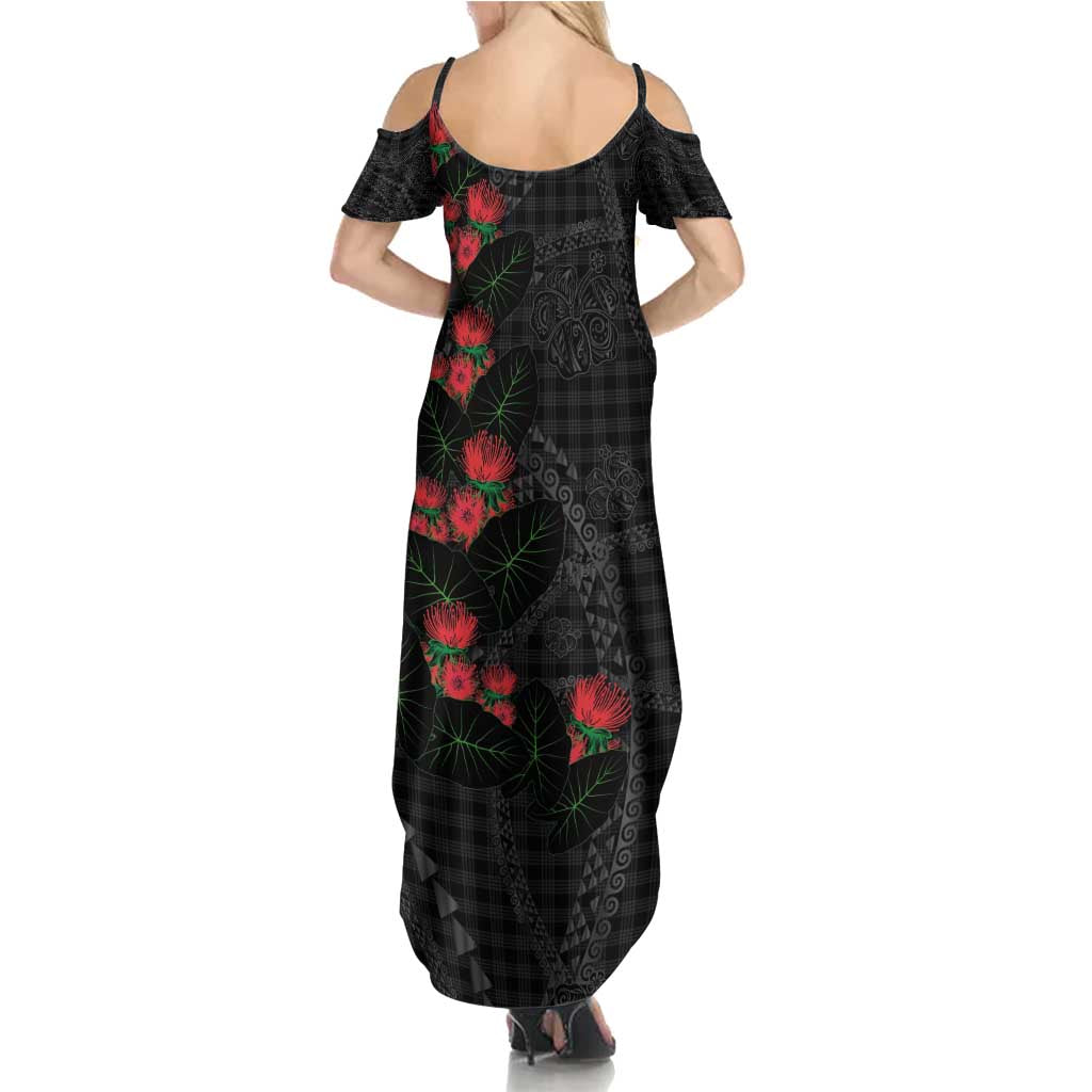 Hawaiian Kakau Art Summer Maxi Dress Taro Leaves with Ohia Lehua and Pakala Pattern - Polynesian Pride