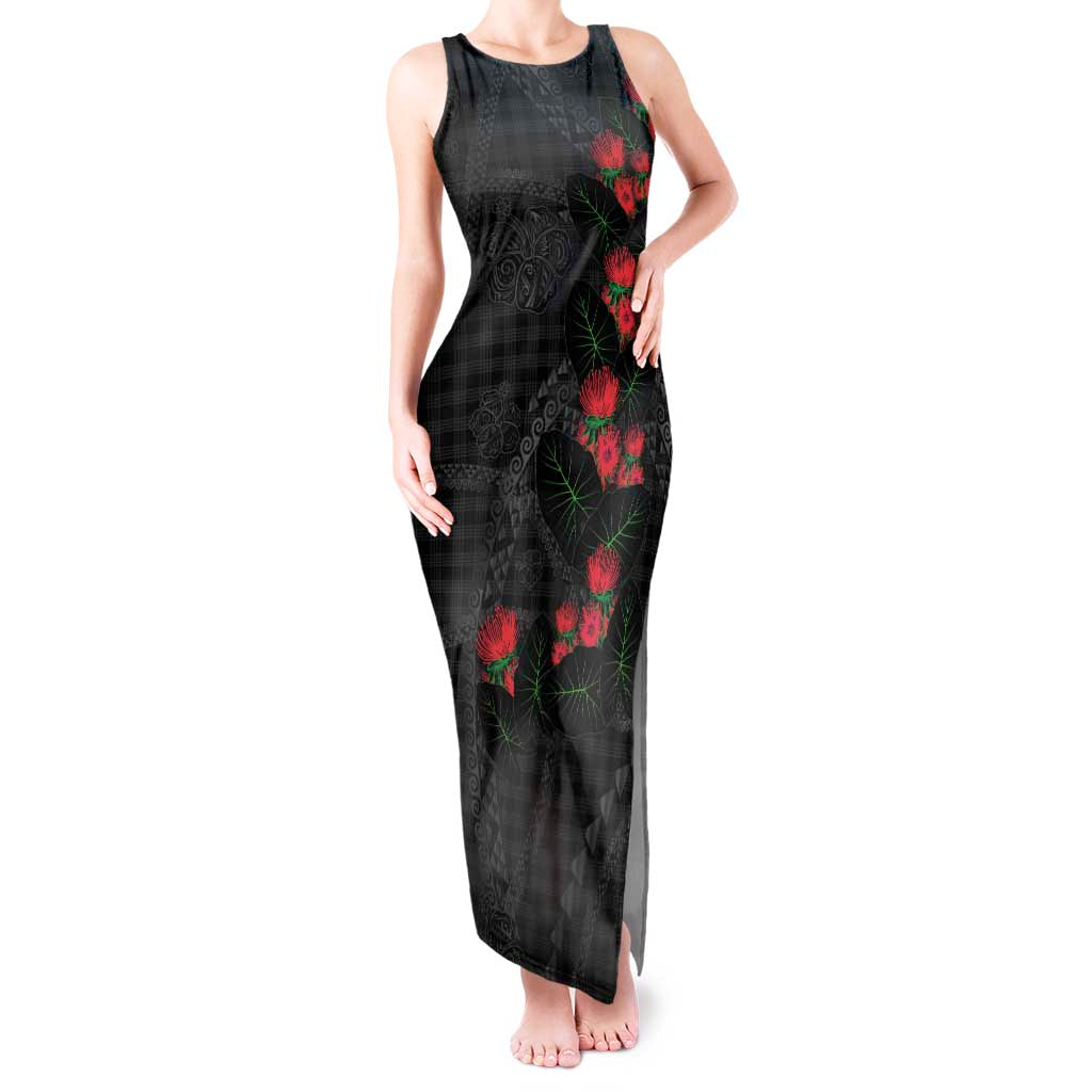 Hawaiian Kakau Art Tank Maxi Dress Taro Leaves with Ohia Lehua and Pakala Pattern - Polynesian Pride