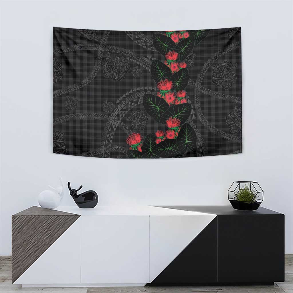 Hawaiian Kakau Art Tapestry Taro Leaves with Ohia Lehua and Pakala Pattern - Polynesian Pride