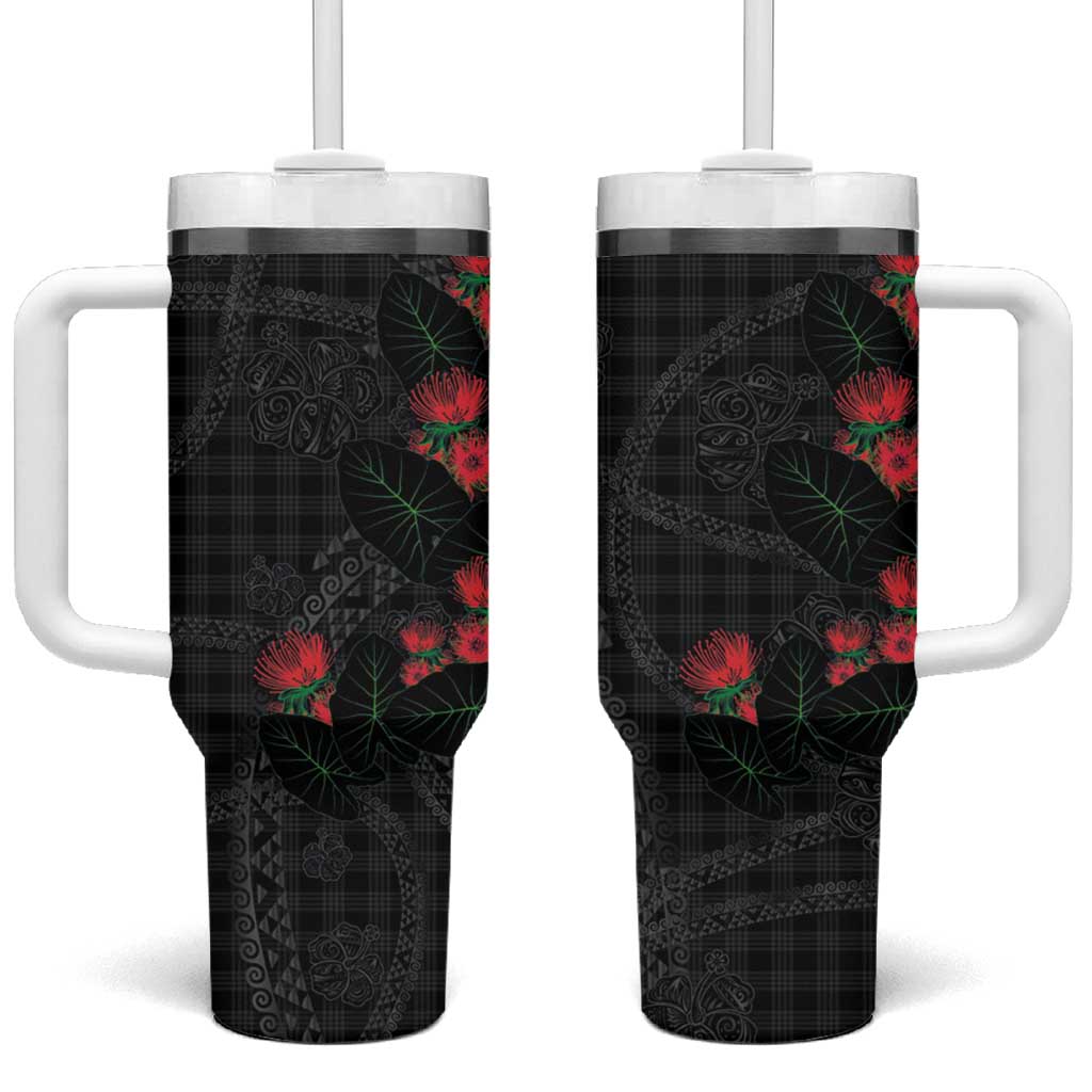 Hawaiian Kakau Art Tumbler With Handle Taro Leaves with Ohia Lehua and Pakala Pattern - Polynesian Pride