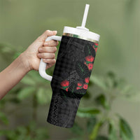 Hawaiian Kakau Art Tumbler With Handle Taro Leaves with Ohia Lehua and Pakala Pattern - Polynesian Pride