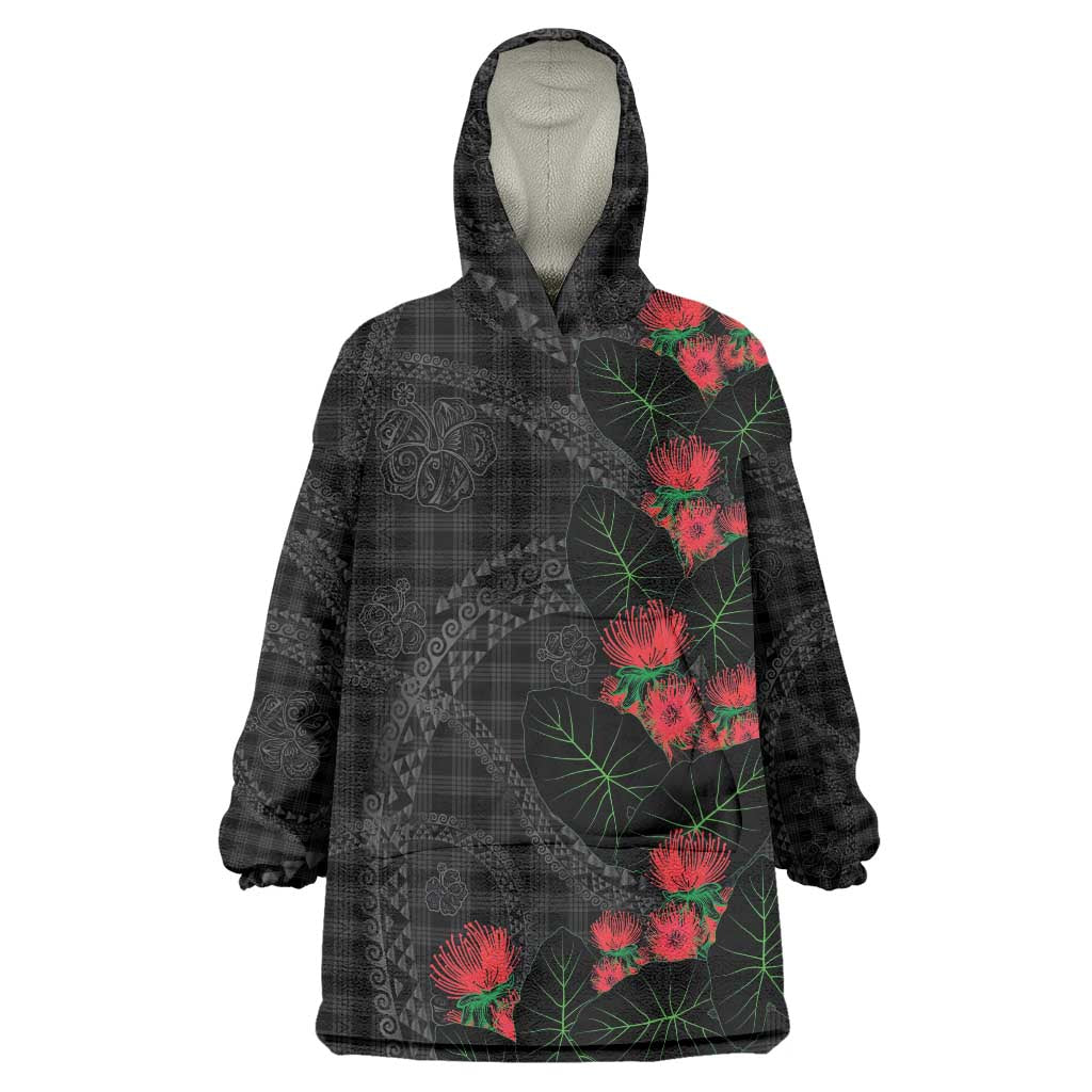 Hawaiian Kakau Art Wearable Blanket Hoodie Taro Leaves with Ohia Lehua and Pakala Pattern - Polynesian Pride