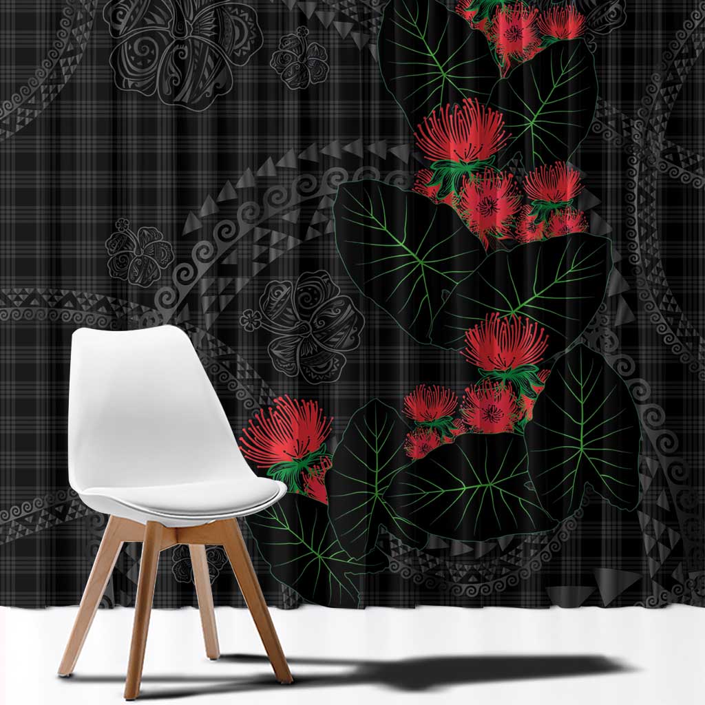 Hawaiian Kakau Art Window Curtain Taro Leaves with Ohia Lehua and Pakala Pattern - Polynesian Pride