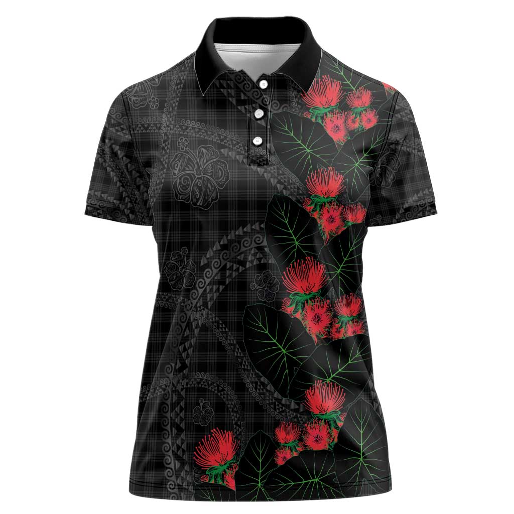 Hawaiian Kakau Art Women Polo Shirt Taro Leaves with Ohia Lehua and Pakala Pattern - Polynesian Pride