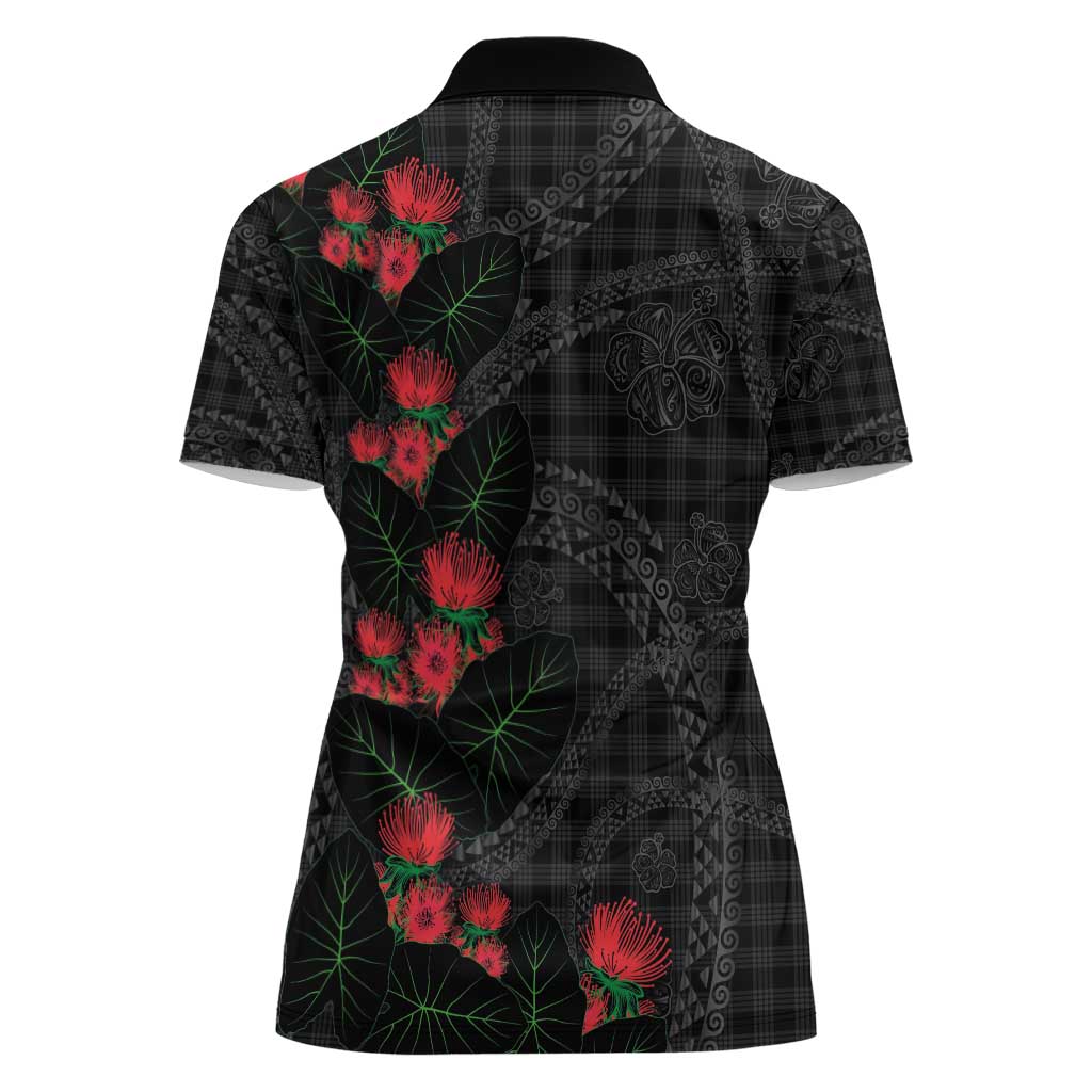 Hawaiian Kakau Art Women Polo Shirt Taro Leaves with Ohia Lehua and Pakala Pattern - Polynesian Pride