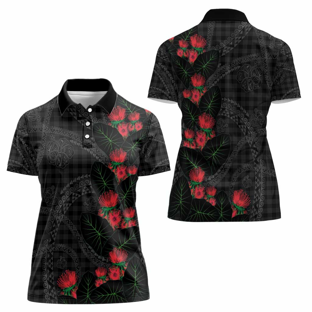 Hawaiian Kakau Art Women Polo Shirt Taro Leaves with Ohia Lehua and Pakala Pattern - Polynesian Pride