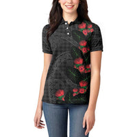Hawaiian Kakau Art Women Polo Shirt Taro Leaves with Ohia Lehua and Pakala Pattern - Polynesian Pride