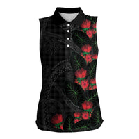 Hawaiian Kakau Art Women Sleeveless Polo Shirt Taro Leaves with Ohia Lehua and Pakala Pattern - Polynesian Pride