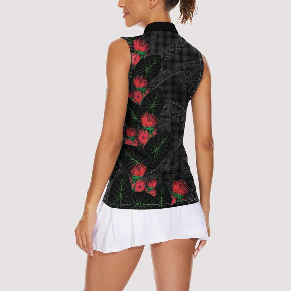 Hawaiian Kakau Art Women Sleeveless Polo Shirt Taro Leaves with Ohia Lehua and Pakala Pattern - Polynesian Pride