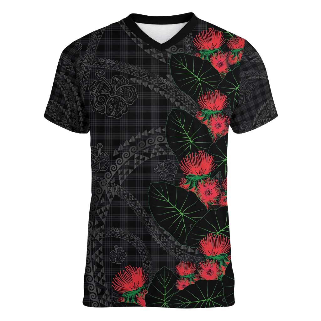 Hawaiian Kakau Art Women V-Neck T-Shirt Taro Leaves with Ohia Lehua and Pakala Pattern - Polynesian Pride