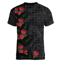 Hawaiian Kakau Art Women V-Neck T-Shirt Taro Leaves with Ohia Lehua and Pakala Pattern - Polynesian Pride