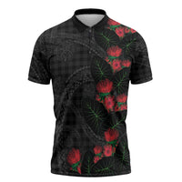 Hawaiian Kakau Art Zipper Polo Shirt Taro Leaves with Ohia Lehua and Pakala Pattern - Polynesian Pride