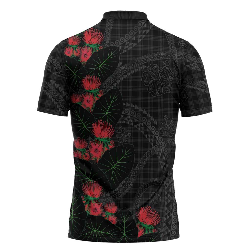 Hawaiian Kakau Art Zipper Polo Shirt Taro Leaves with Ohia Lehua and Pakala Pattern - Polynesian Pride
