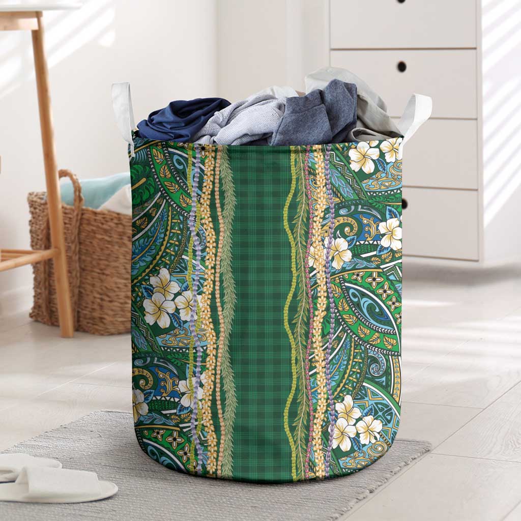 Hawaiian Art Flower Tribal with Lei Laundry Basket Palaka Pattern Green Color LT03 Green - Polynesian Pride
