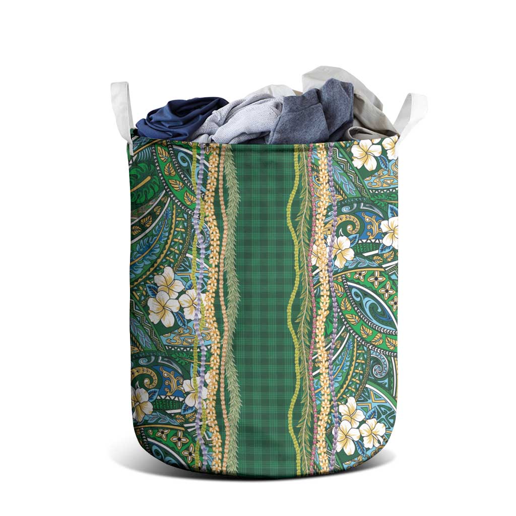 Hawaiian Art Flower Tribal with Lei Laundry Basket Palaka Pattern Green Color LT03 - Polynesian Pride