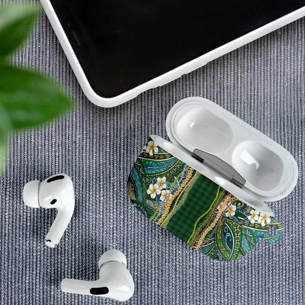 Hawaiian Art Flower Tribal with Lei AirPods Case Palaka Pattern Green Color - Polynesian Pride