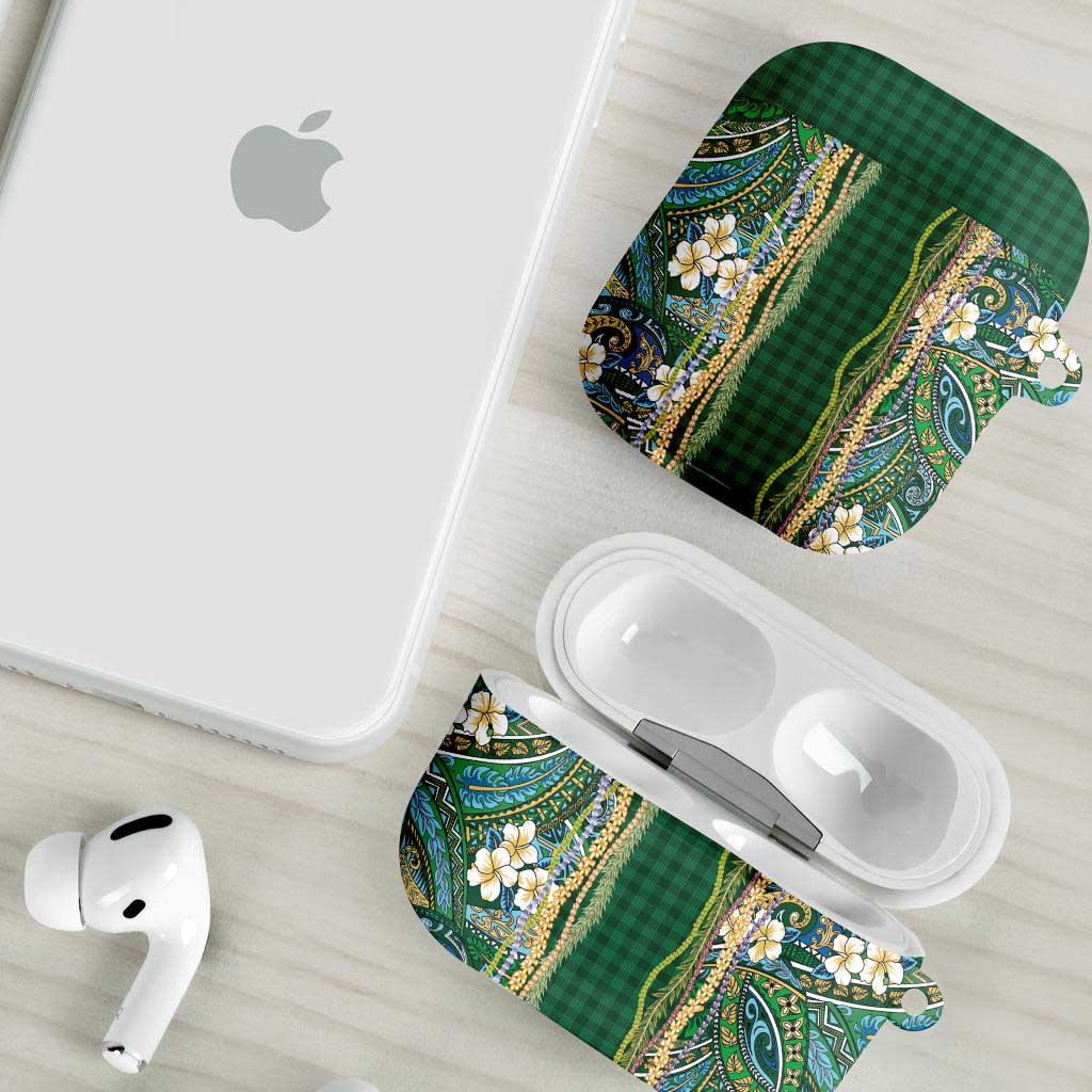 Hawaiian Art Flower Tribal with Lei AirPods Case Palaka Pattern Green Color - Polynesian Pride