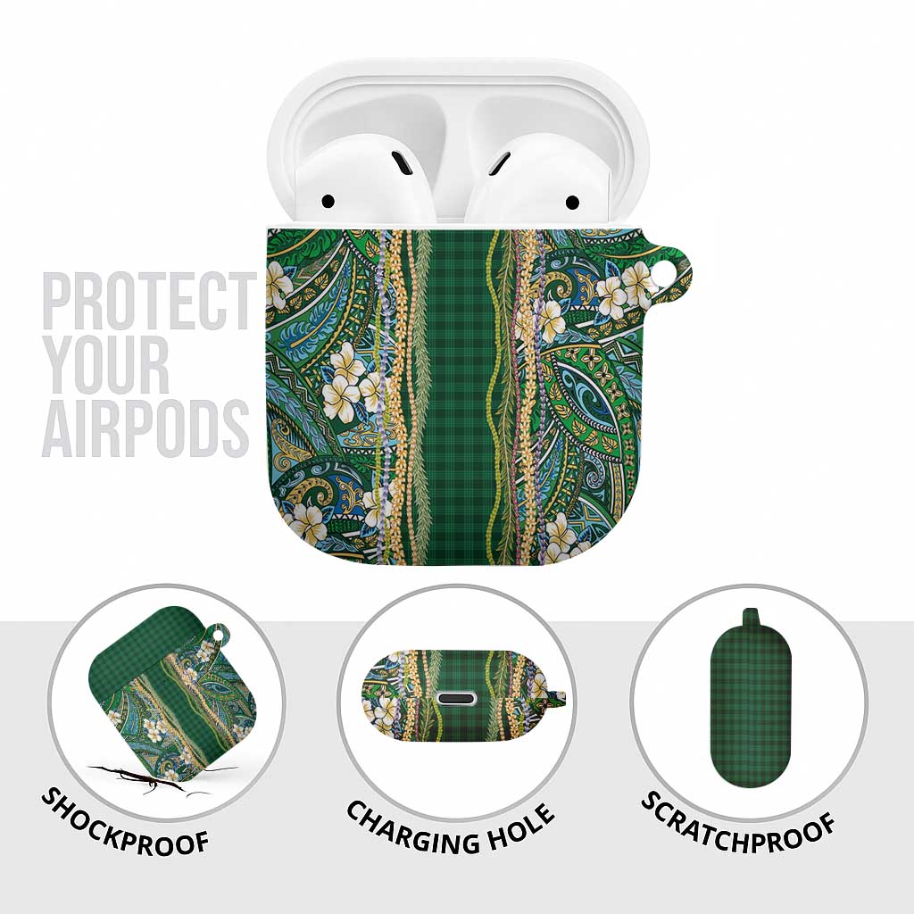 Hawaiian Art Flower Tribal with Lei AirPods Case Palaka Pattern Green Color - Polynesian Pride