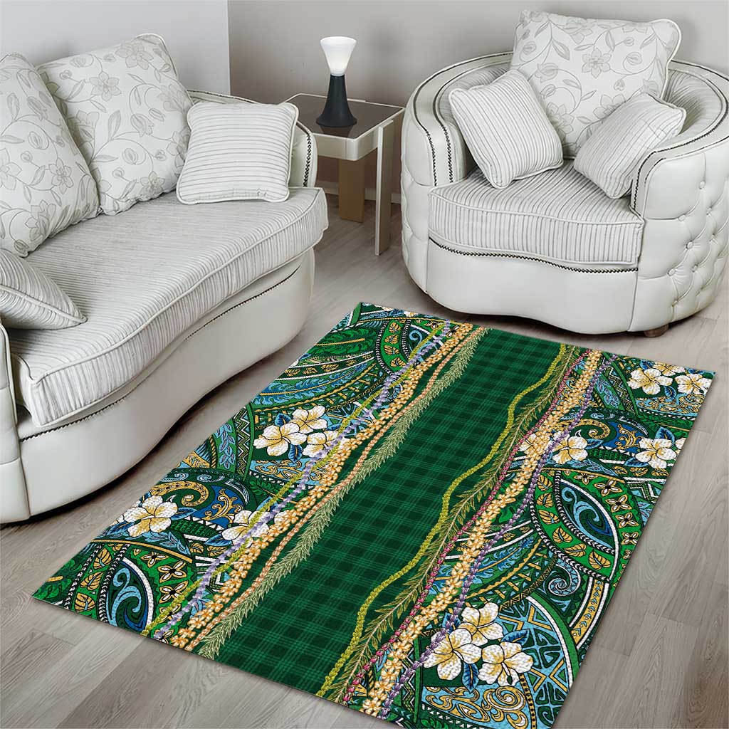 Hawaiian Art Flower Tribal with Lei Area Rug Palaka Pattern Green Color - Polynesian Pride
