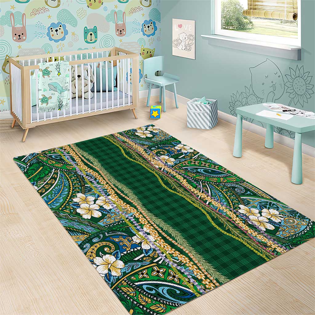 Hawaiian Art Flower Tribal with Lei Area Rug Palaka Pattern Green Color - Polynesian Pride