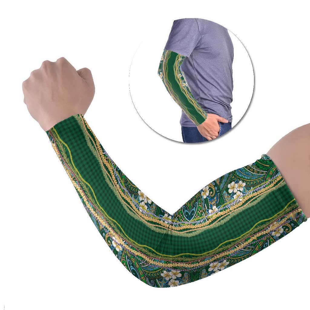 Hawaiian Art Flower Tribal with Lei Arm Sleeves Palaka Pattern Green Color LT03 Set of 2 Green - Polynesian Pride