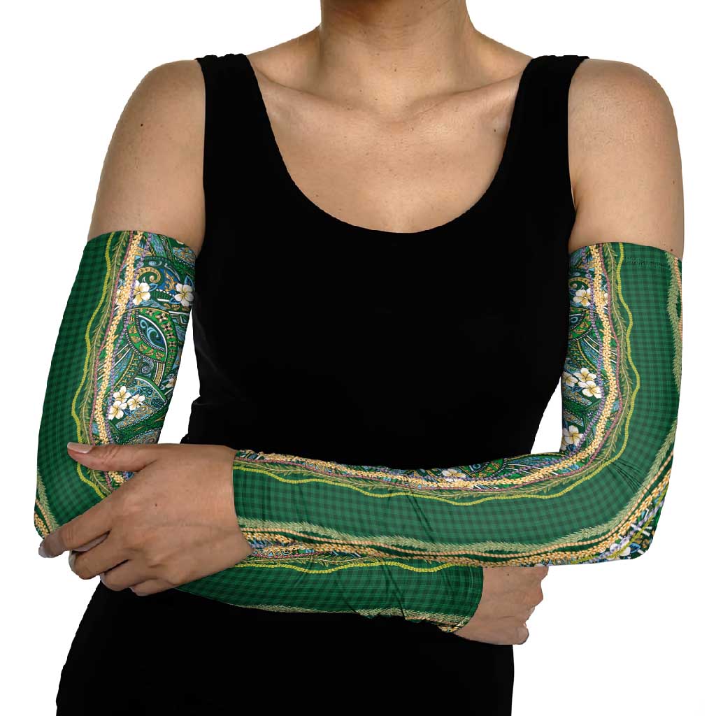 Hawaiian Art Flower Tribal with Lei Arm Sleeves Palaka Pattern Green Color LT03 - Polynesian Pride