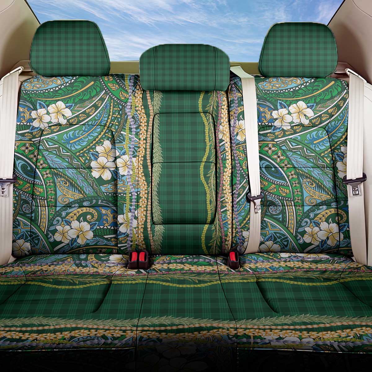 Hawaiian Art Flower Tribal with Lei Back Car Seat Cover Palaka Pattern Green Color LT03 One Size Green - Polynesian Pride