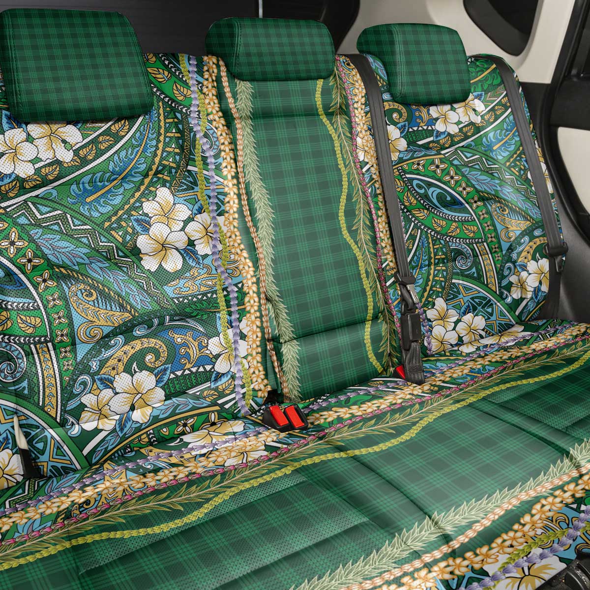 Hawaiian Art Flower Tribal with Lei Back Car Seat Cover Palaka Pattern Green Color LT03 - Polynesian Pride
