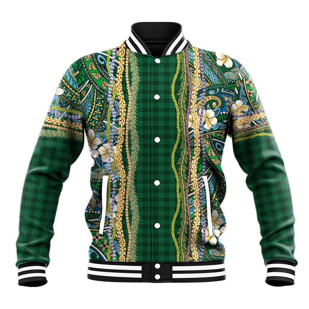 Hawaiian Art Flower Tribal with Lei Baseball Jacket Palaka Pattern Green Color LT03 Unisex Green - Polynesian Pride