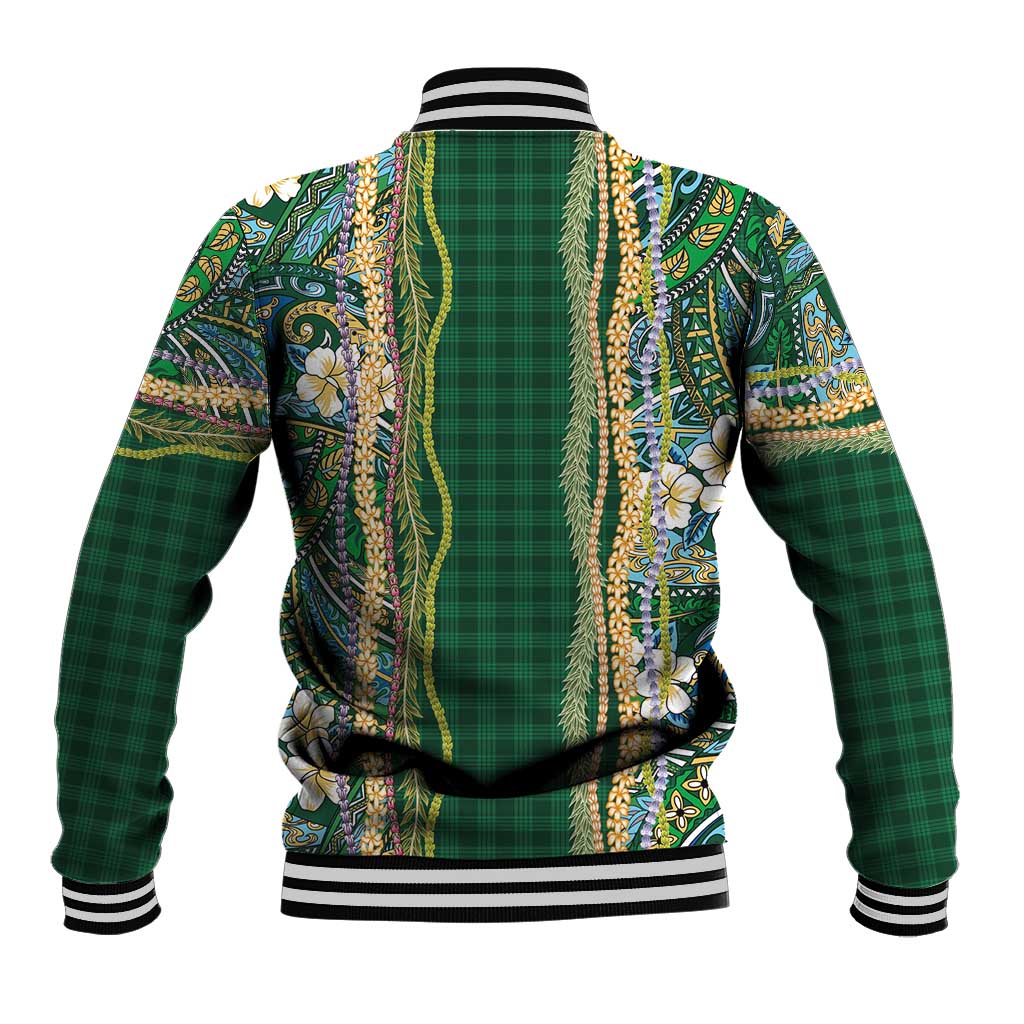 Hawaiian Art Flower Tribal with Lei Baseball Jacket Palaka Pattern Green Color LT03 - Polynesian Pride