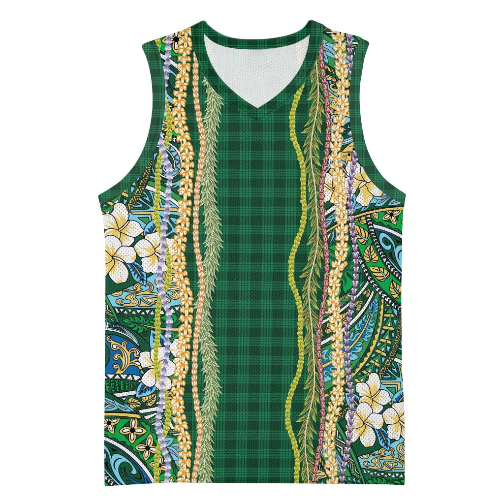 Hawaiian Art Flower Tribal with Lei Basketball Jersey Palaka Pattern Green Color LT03 Unisex Green - Polynesian Pride