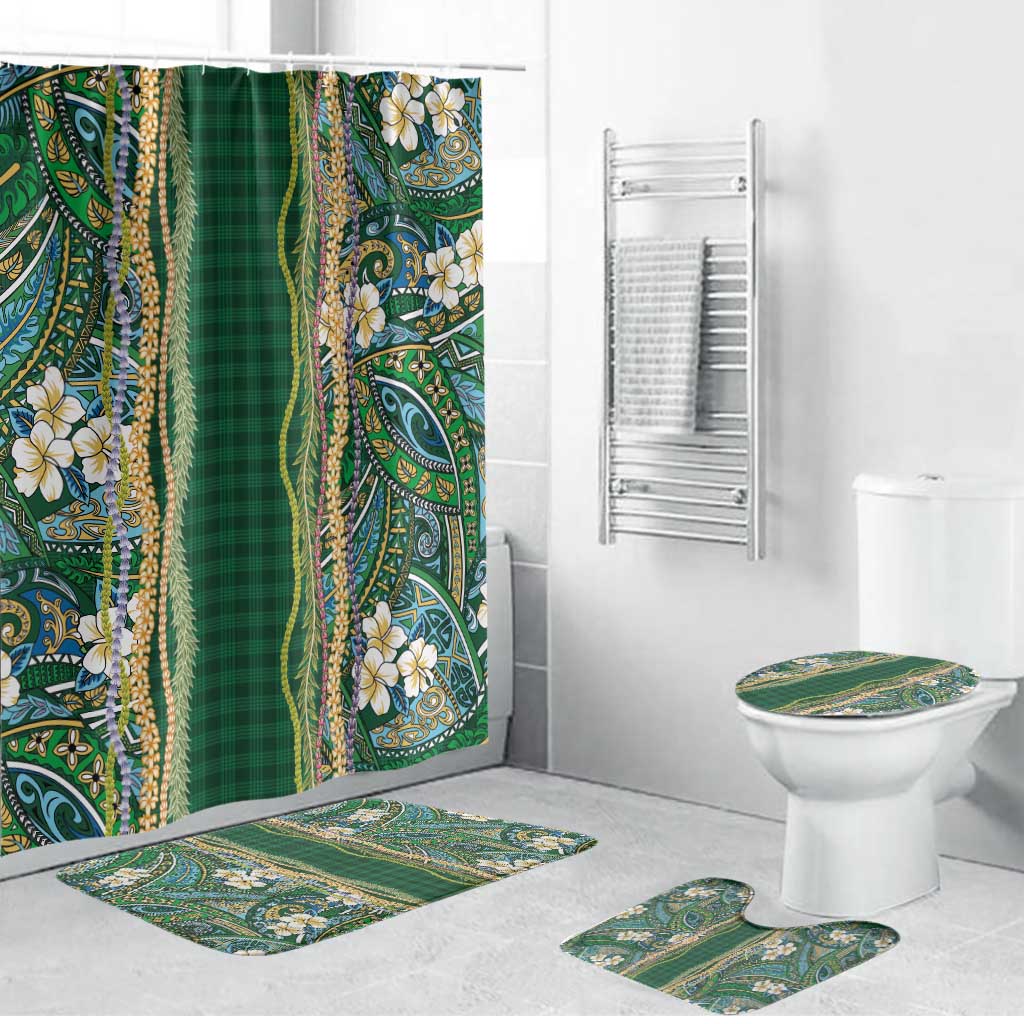 Hawaiian Art Flower Tribal with Lei Bathroom Set Palaka Pattern Green Color - Polynesian Pride